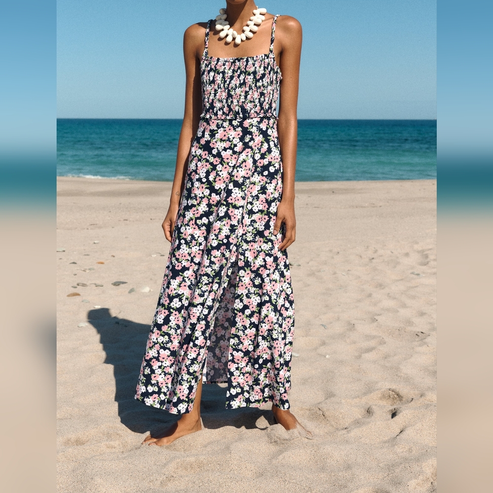 ZARA LINEN BLEND FLORAL PRINT MIDI DRESS